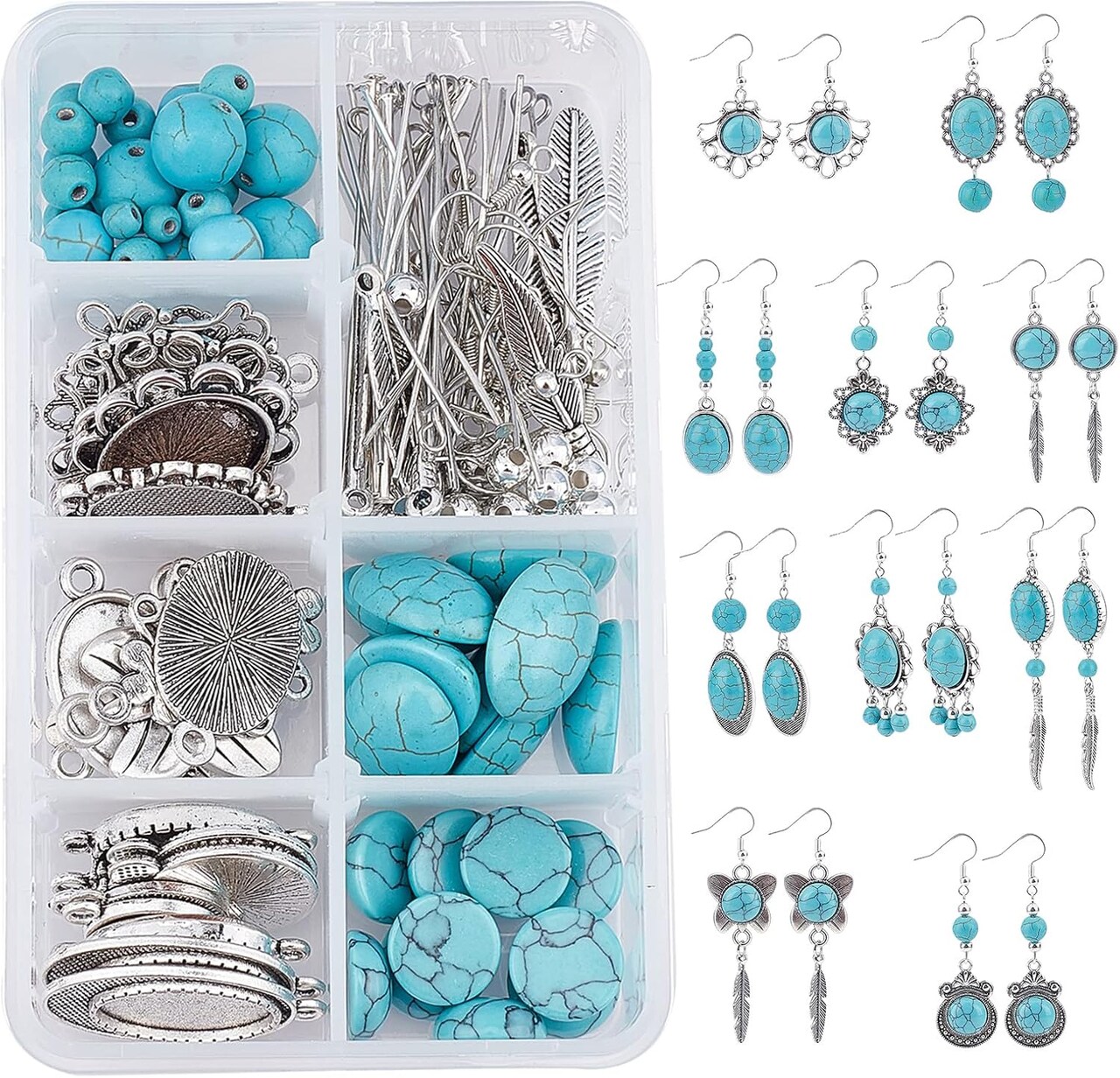 1 Box DIY 10 Pairs Turquoise Bead Earrings Making Kit Alloy Enamel Leaf Pendants Charms with Turquoise Beads Eye Pin & Earring Hooks for DIY Earring Jewelery Making, Antique Silver